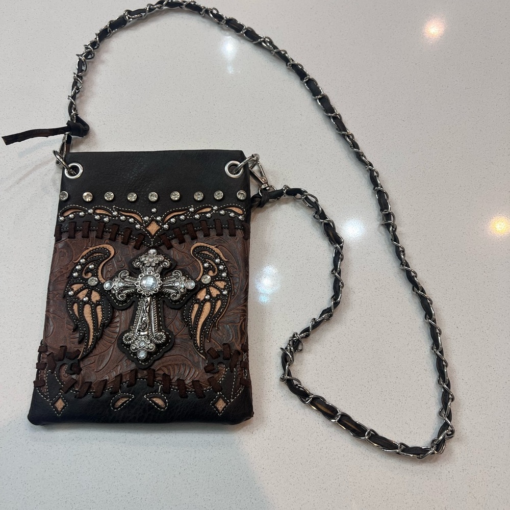 Western Cowgirl Crossbody Bag Purse Tooled Brown‎ Jeweled